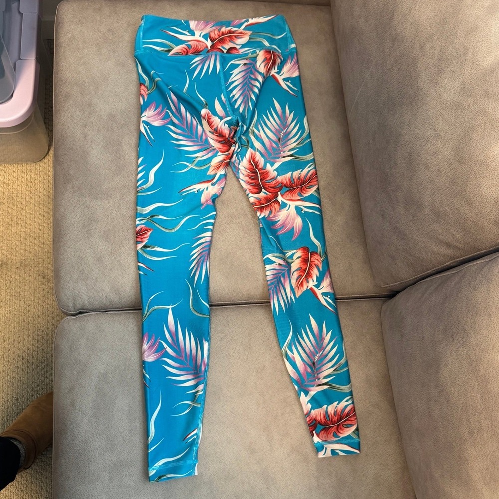 Aviator Nation Teal Tropical Palm Print Athletic Tights High Rise Leggings Small